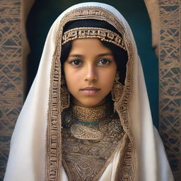 A portrait of a veiled girl from Yemen, dressed in traditional attire with intricate details, set against a background of her cultural environment.