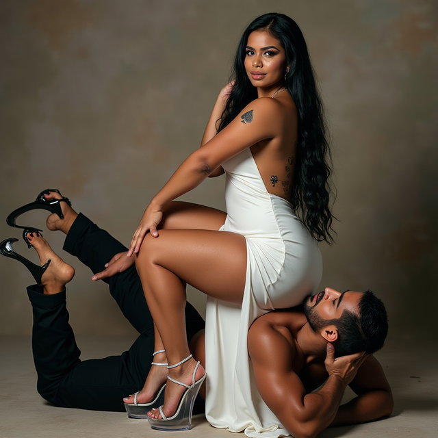 In a bold and captivating scene, a light-skinned Mexican woman with wide hips, a curvy figure, and thick legs exudes confidence