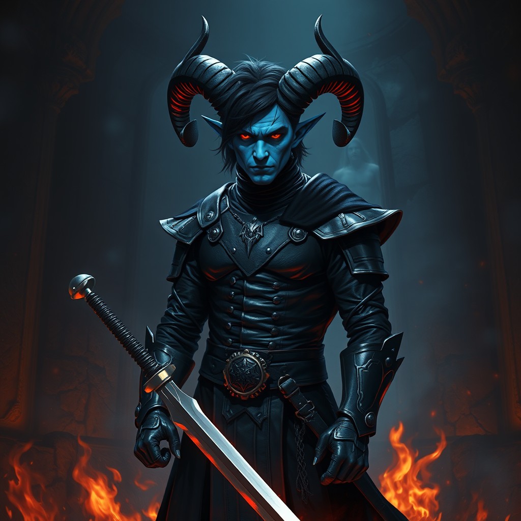 A blue male tiefling with striking black ram horns, silky black hair, and deep red eyes, dressed in form-fitting black leather armor