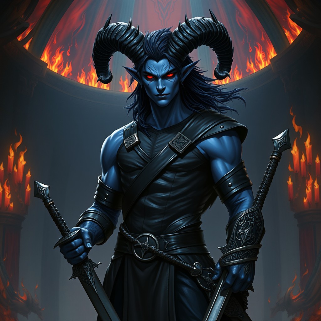 A blue male tiefling with striking black ram horns and flowing black hair, adorned with deep red eyes that exude a sense of somberness