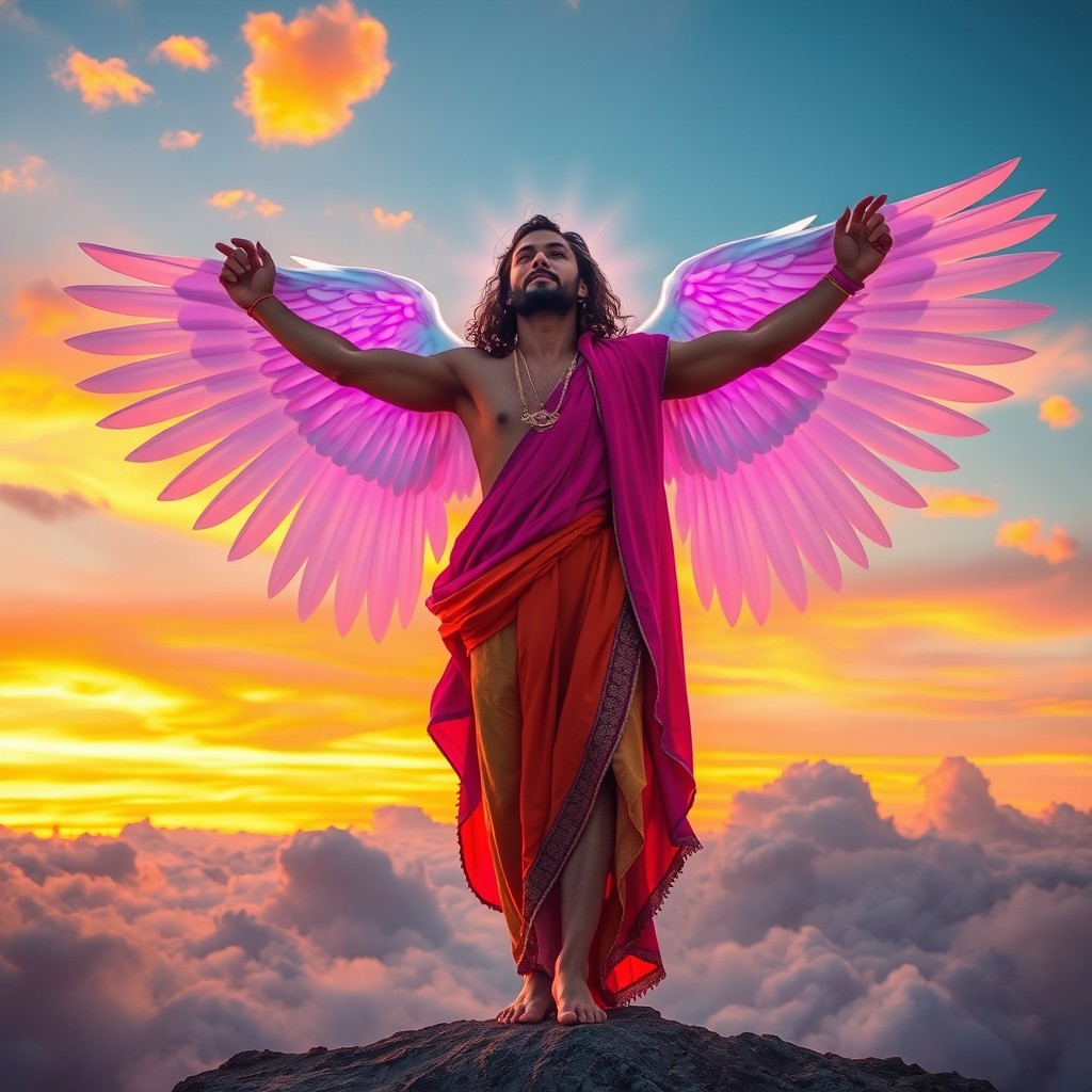 Archangel Metatron, a man dressed in colorful garments, from head to waist, standing in a sky filled with clouds during sunset, spreading his magnificent white wings wide open, vibrant hues of orange, pink, and purple illuminating the scene, ethereal and divine atmosphere