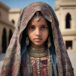 A portrait of a veiled girl from Yemen, dressed in traditional attire with intricate details, set against a background of her cultural environment.