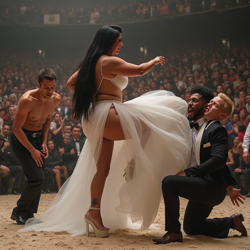 In an engaging and playful scene, a light-skinned Mexican woman with broad hips, a curvy figure, and thick legs is depicted participating in a lively Greco-Roman wrestling match