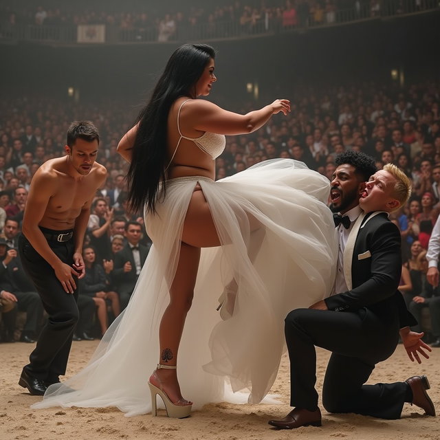 In an engaging and playful scene, a light-skinned Mexican woman with broad hips, a curvy figure, and thick legs is depicted participating in a lively Greco-Roman wrestling match