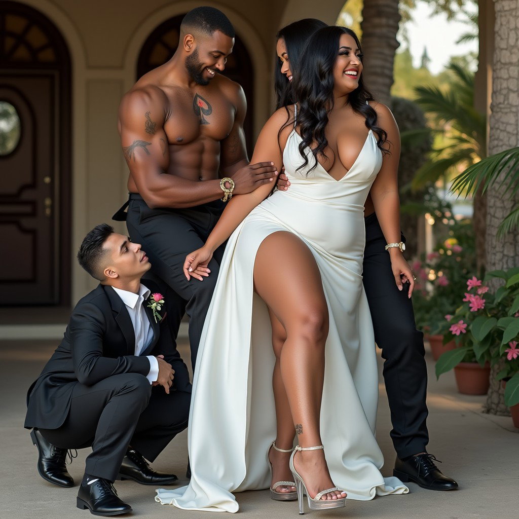 In a lively and playful scene, a light-skinned Mexican woman with wide hips, a curvy body, and thick legs captivates attention