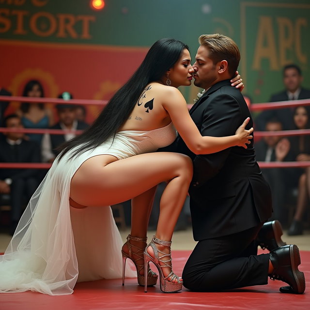 In a lively wrestling scene, a light-skinned Mexican woman with wide hips, a voluptuous body, and thick legs commands attention