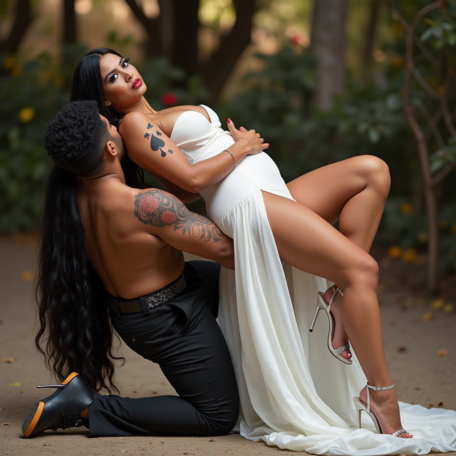 In a striking and playful scene, a light-skinned Mexican woman with wide hips, a full figure, and thick legs captivates attention