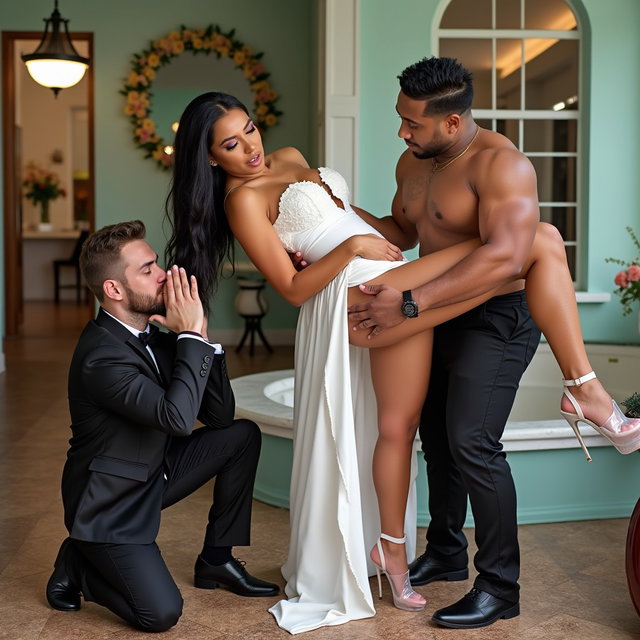 In an engaging and playful composition, a light-skinned Mexican woman with wide hips, a voluptuous figure, and thick legs radiates confidence