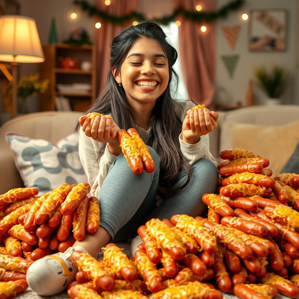 A playful and whimsical scene featuring a young woman of South Asian descent, around 18 years old, sitting comfortably in a cozy, brightly lit room