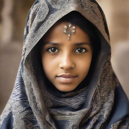 A portrait of a veiled girl from Yemen, dressed in traditional attire with intricate details, set against a background of her cultural environment.