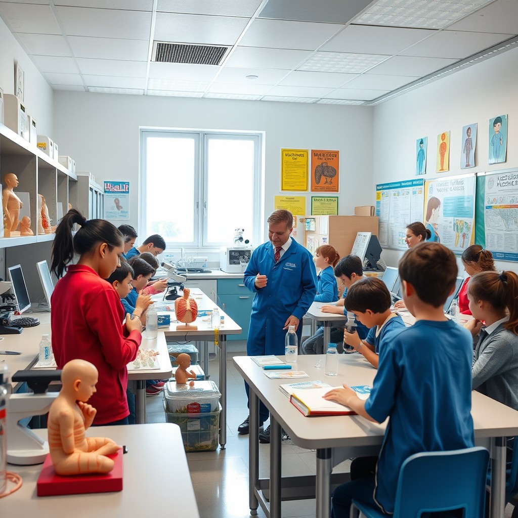 A vibrant and well-equipped school health laboratory, showcasing modern medical equipment and technology