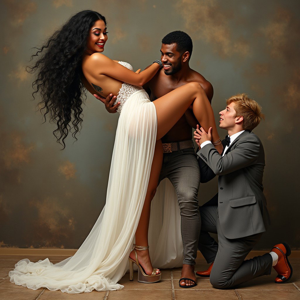 In an energetic and playful scene, a light-skinned Mexican woman with very wide hips, a curvy body, and thick legs is depicted engaging in a lively Greco-Roman wrestling match