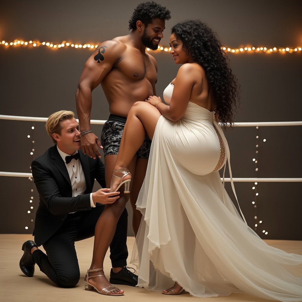 In a lively and playful setting, a light-skinned Mexican woman with very wide hips, a curvy physique, and thick legs is portrayed having fun in a Greco-Roman wrestling match