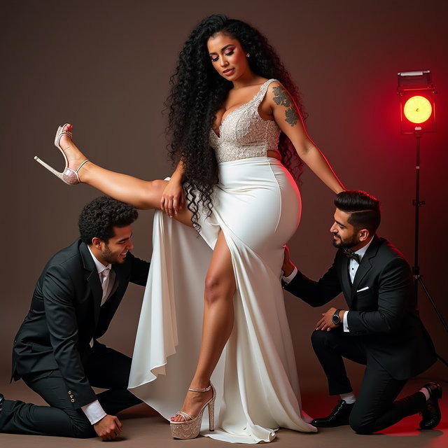 In a captivating and playful scene, a light-skinned Mexican woman with wide hips, a curvy figure, and thick legs takes center stage