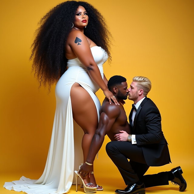 In a vibrant and playful scene, a light-skinned Mexican woman with wide hips, a curvy physique, and thick legs stands confidently