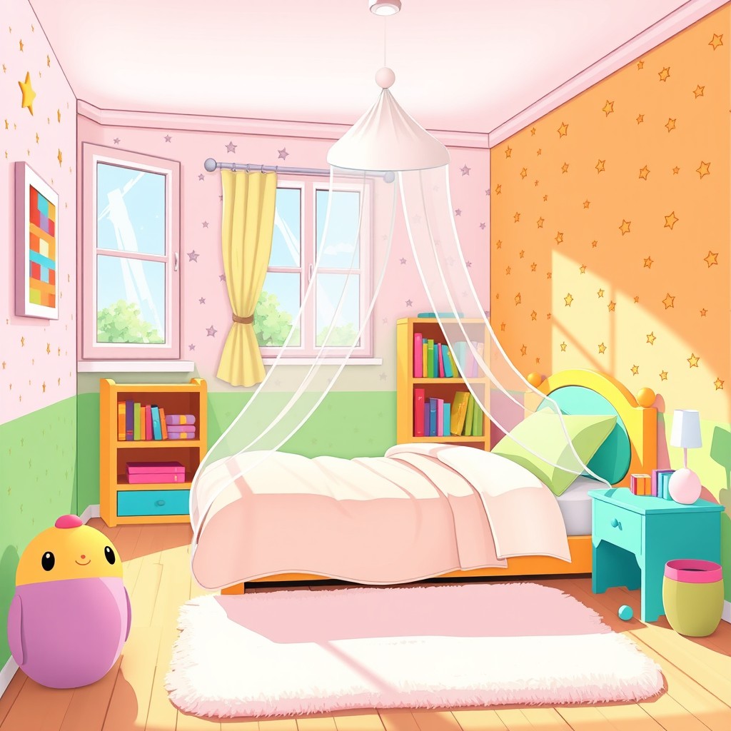 A colorful cartoon of a child’s bedroom featuring bright, cheerful colors