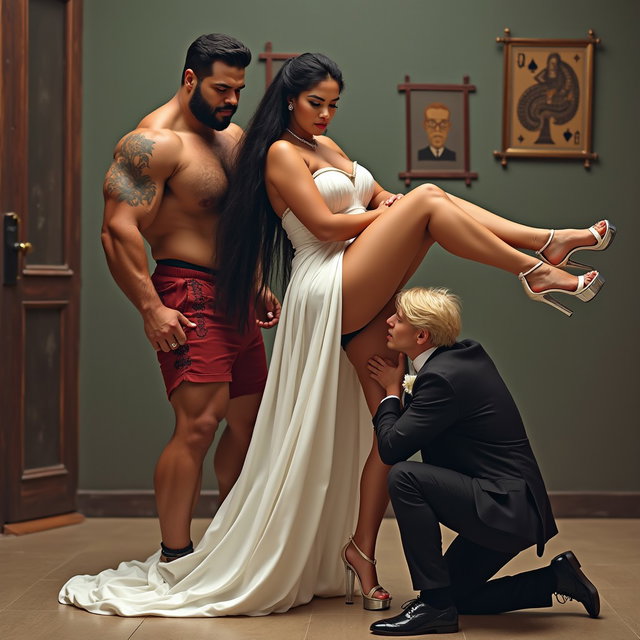 In a lively and playful atmosphere, a light-skinned Mexican woman with wide hips, a curvy body, and thick legs is depicted engaging in a spirited Greco-Roman wrestling match