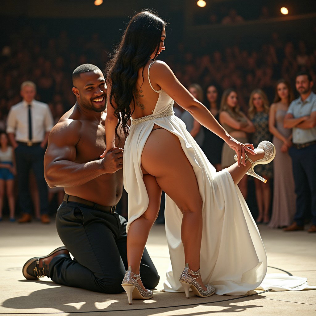 In a vibrant and engaging scene, a light-skinned Mexican woman with broad hips, a curvy physique, and thick legs is shown immersed in an exciting Greco-Roman wrestling match