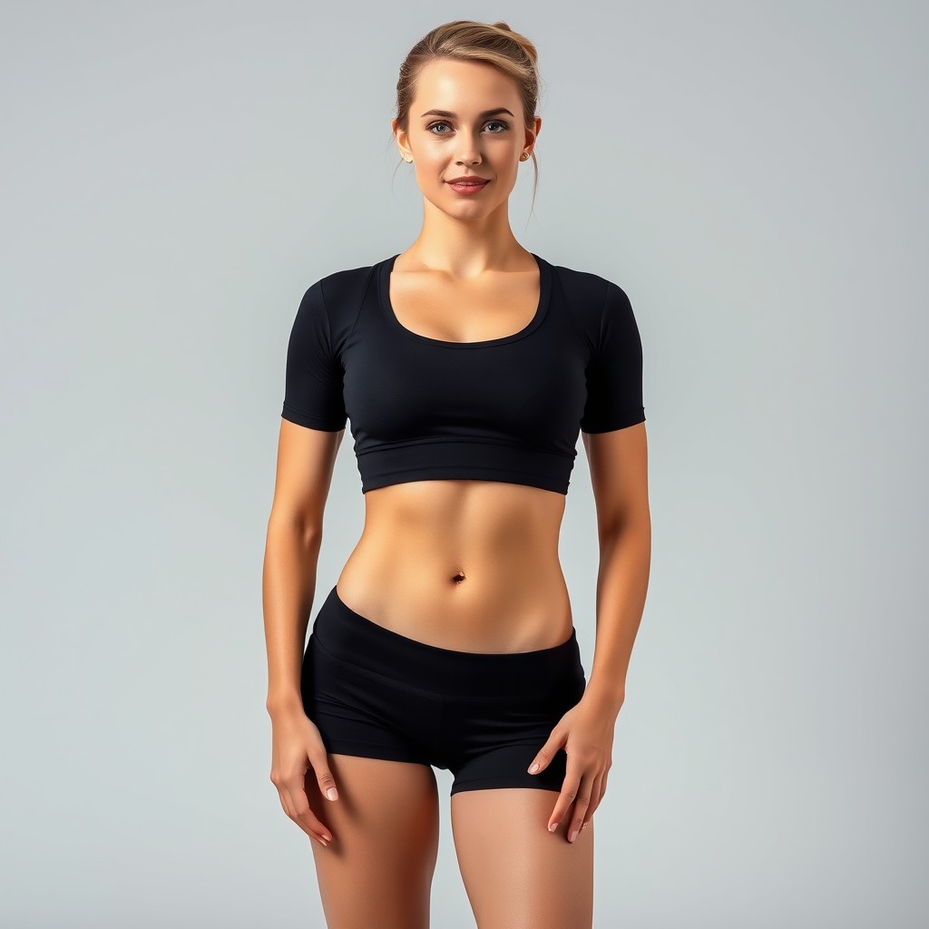 A fit woman with a toned athletic body, wearing a stylish black sports top and form-fitting black short shorts