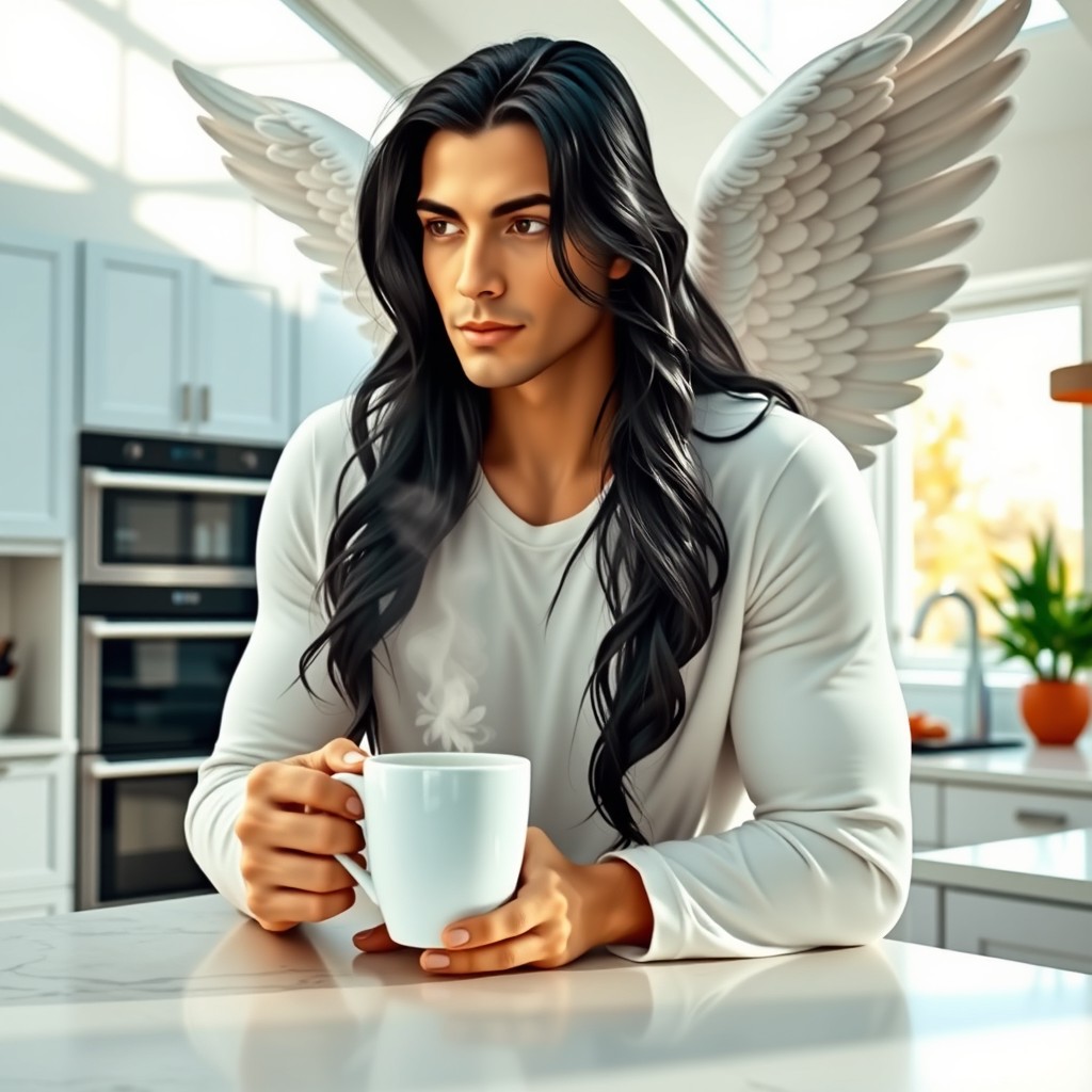 A handsome Archangel Michael with long black hair is drinking coffee in a modern kitchen