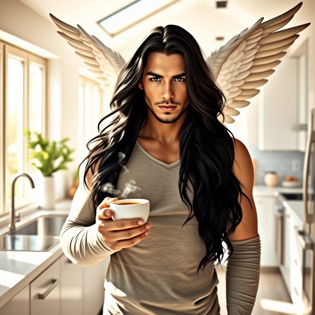 A handsome archangel with long, flowing black hair stands in a modern kitchen, holding a steaming cup of coffee