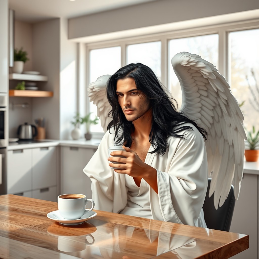 A handsome archangel with long flowing black hair, wearing a graceful and ethereal robe, is seated at a modern kitchen table, enjoying a steaming cup of coffee