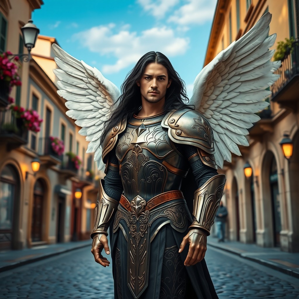 A visually stunning depiction of Archangel Michael, portrayed as a handsome figure with a realistic face and long flowing black hair