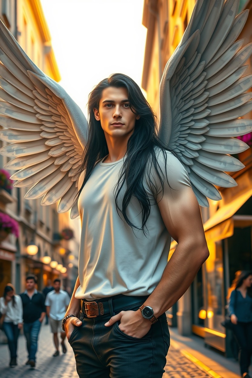 A handsome Archangel with a realistic face, featuring long, flowing black hair, standing confidently on the vibrant street of a European city
