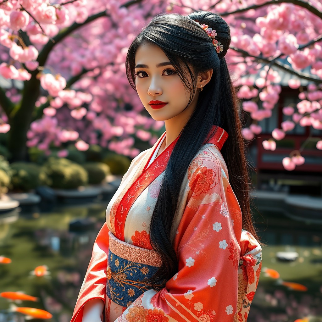 A beautiful Japanese woman with long, silky black hair styled elegantly, dressed in a traditional kimono adorned with intricate floral patterns