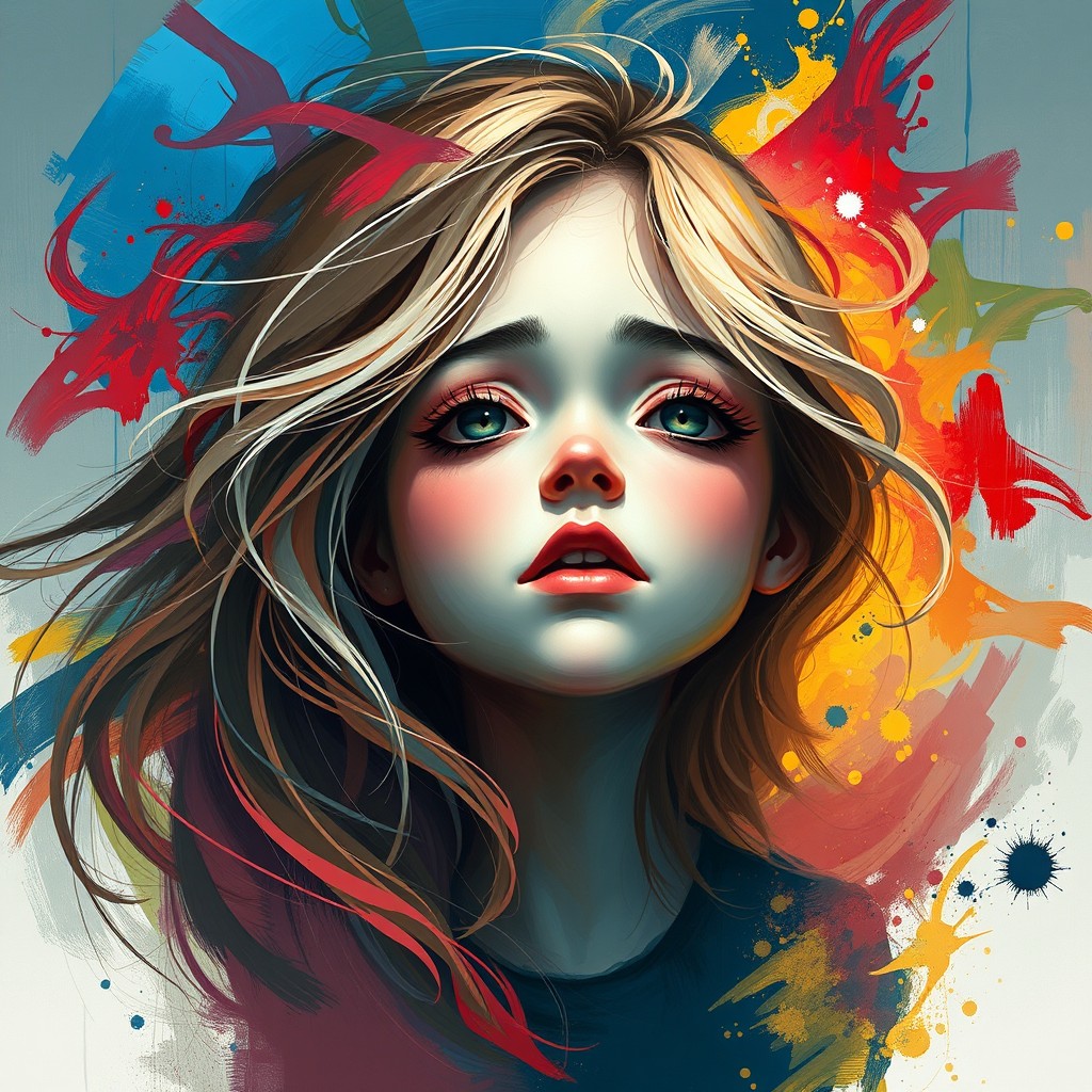 A captivating digital painting that portrays a girl expressing her emotions through vibrant abstract art