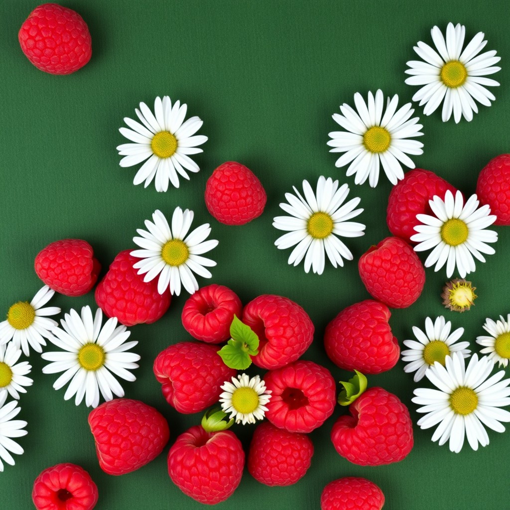 A stunning wallpaper featuring ripe, plump raspberries scattered artistically alongside delicate white daisies, all set against a rich dark green background