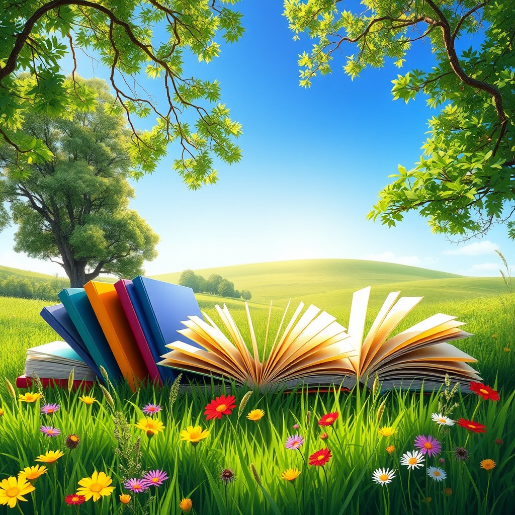 A beautiful digital painting depicting an array of colorful books lying open amidst a vibrant nature scene