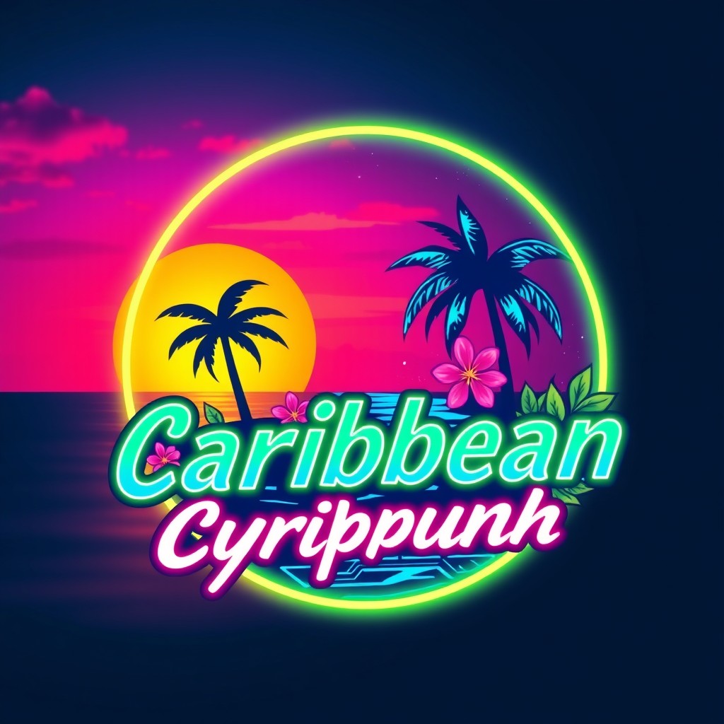 A vibrant logo design featuring a Caribbean theme infused with cyberpunk elements