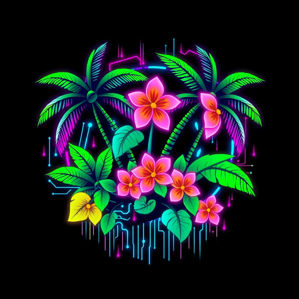 A vibrant and futuristic logo design that combines elements of Caribbean culture with a cyberpunk aesthetic