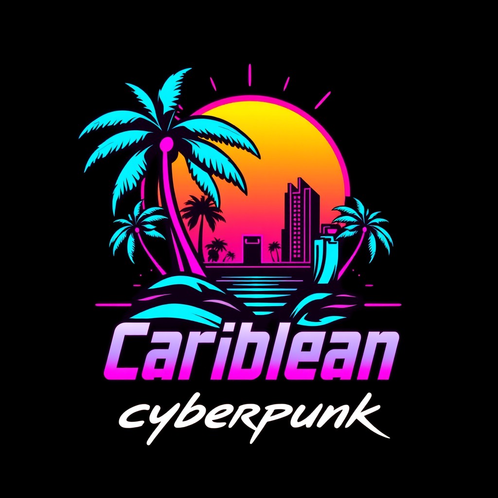 A vibrant logo design that embodies the essence of Caribbean culture infused with cyberpunk aesthetics