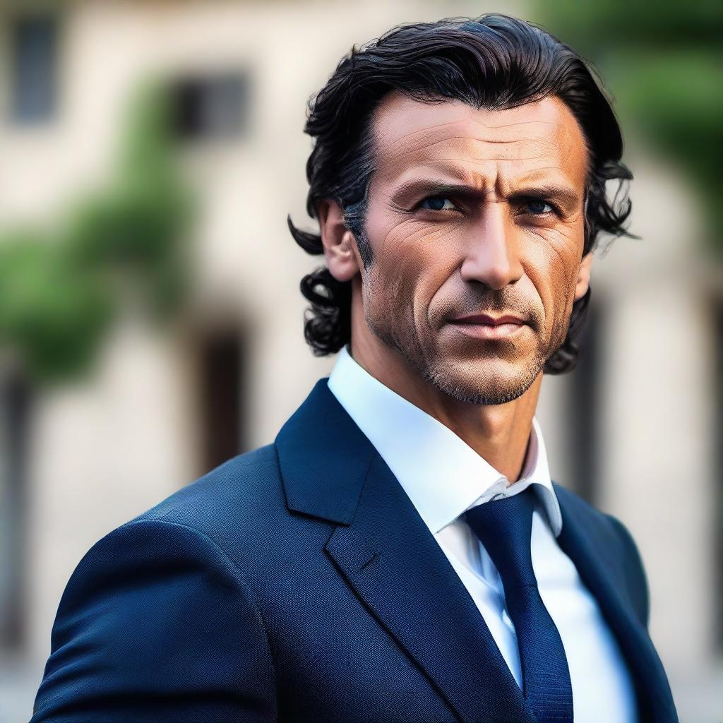 A tall and muscular Turkish man with dark blue eyes, white skin, and slightly curlier short black hair. His less defined jawline and stylish suit complement his look.