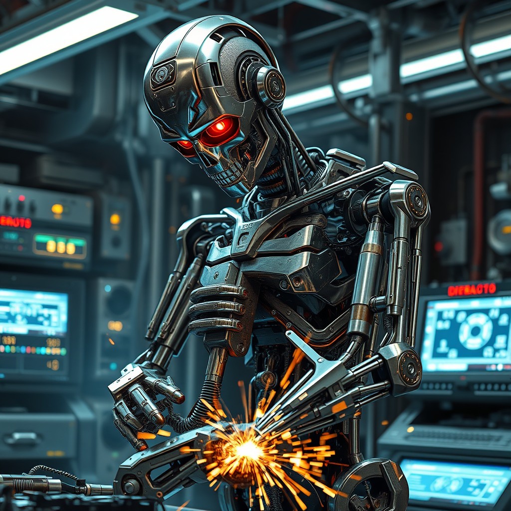 A futuristic cyborg, resembling a Terminator, is meticulously assembling and reattaching its severed leg in a high-tech workshop