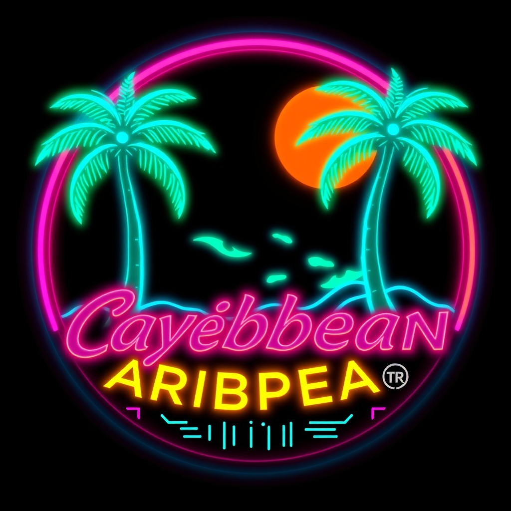 A vibrant and colorful logo representing the Caribbean in a cyberpunk style, featuring neon lights, futuristic elements, and tropical motifs such as palm trees and waves