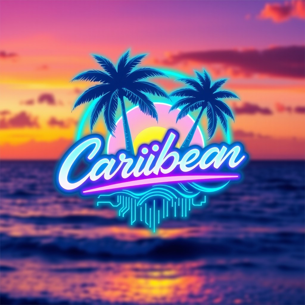A vibrant and futuristic logo design featuring elements inspired by the Caribbean and cyberpunk aesthetics