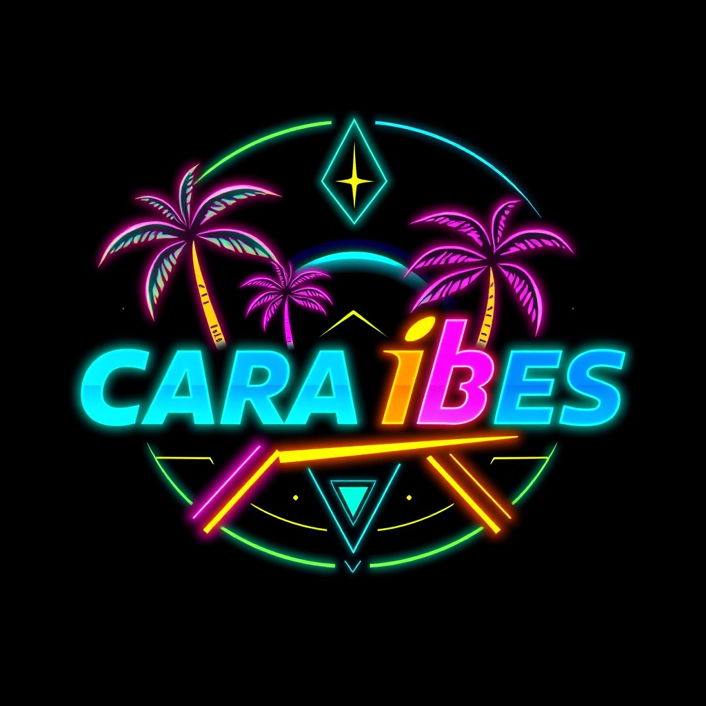 A vibrant logo design inspired by Caribbean culture intertwined with cyberpunk aesthetics