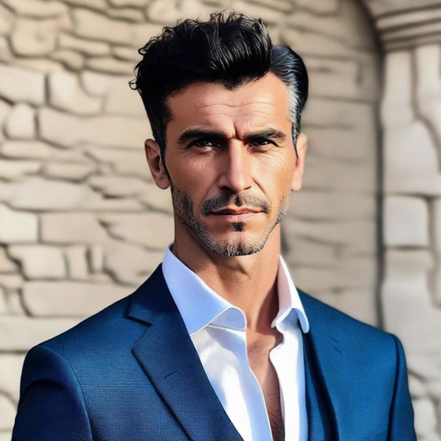 A tall and muscular Turkish man with dark blue eyes, white skin, and slightly curlier short black hair. His less defined jawline and stylish suit complement his look.