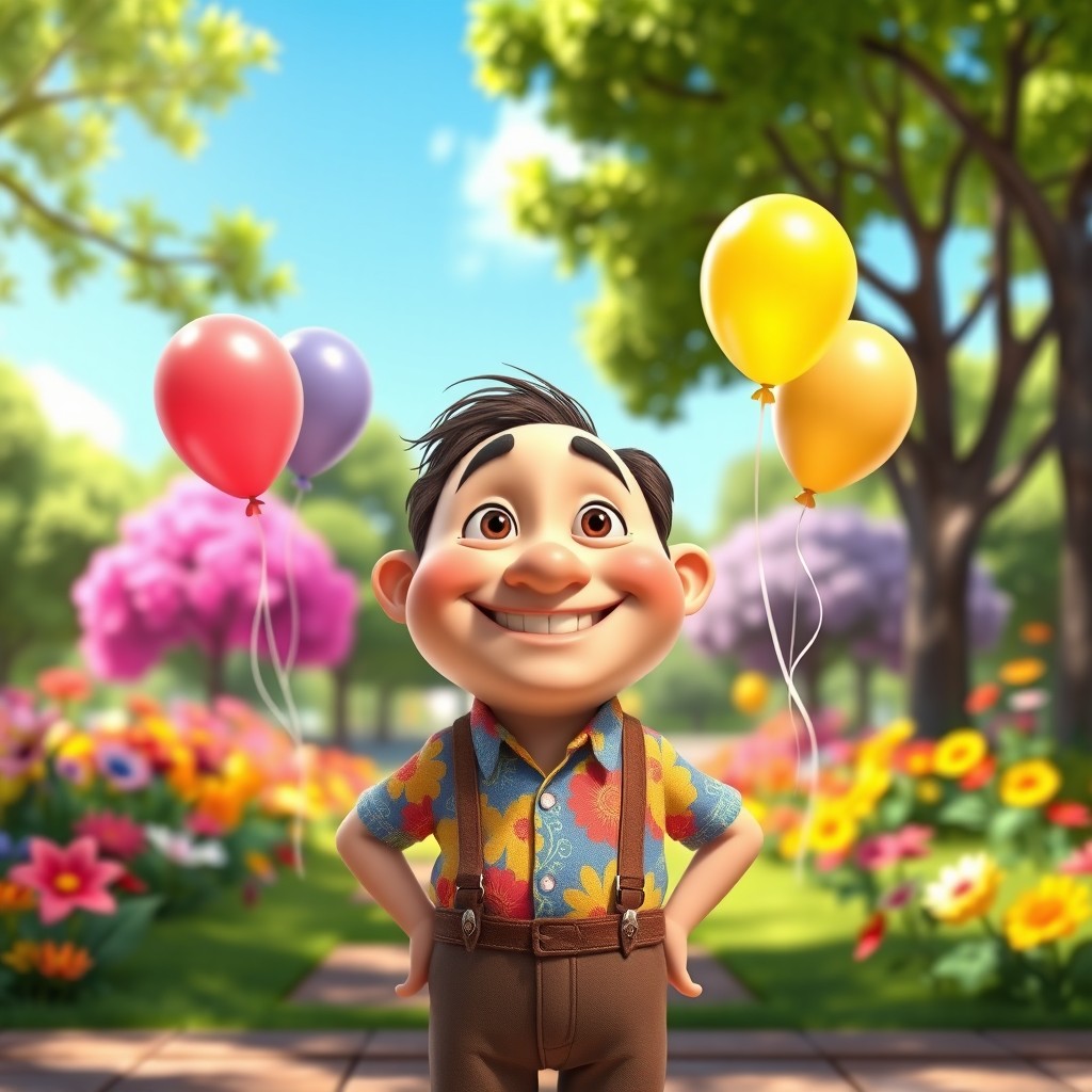 A whimsical and colorful character inspired by Pixar's style, featuring a friendly man with a round face, cheerful expression, slightly exaggerated features, wearing a vibrant shirt and suspenders, standing in a lively setting filled with playful elements like balloons and bright sunshine