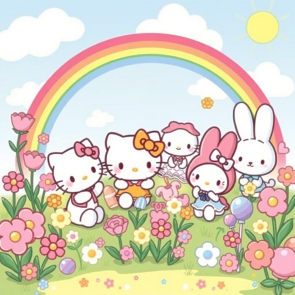 A vibrant and adorable illustration featuring a collection of Sanrio characters gathered in a whimsical garden setting
