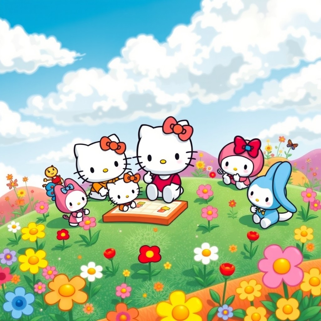 A whimsical and colorful scene featuring a collection of Sanrio characters, including Hello Kitty, My Melody, and Kuromi, gathered in a cheerful garden filled with vibrant flowers, over candy-colored hills