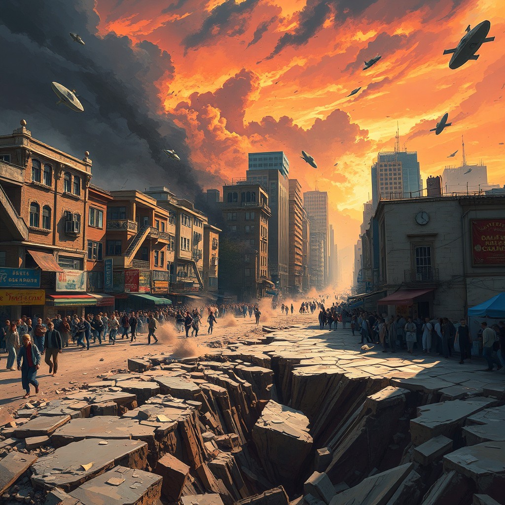 A dramatic digital painting illustrating the powerful concept of an earthquake