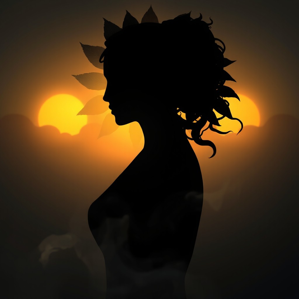 A silhouette of a woman personifying the shadow of the goddess Sandhya, wife of the Sun Surya, sculpted from textures of leaves
