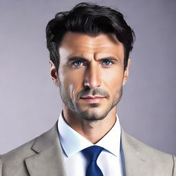 A tall and muscular Turkish man with dark blue eyes, white skin, and slightly curlier short black hair. His less defined jawline and stylish suit complement his look.