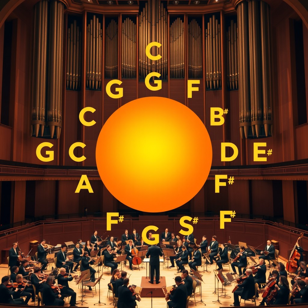 In the center, a large, three-dimensional circle in warm tones featuring a gradient of orange and gold