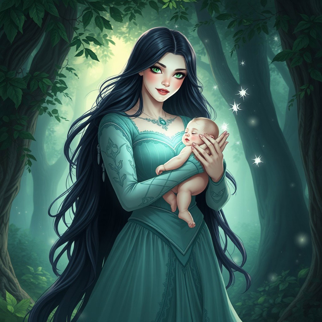 An enchanting illustration of Lilith, directly inspired by the first image you provided, holding her child tenderly in her arms
