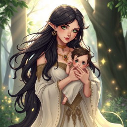 An enchanting illustration of Lilith, directly inspired by the first image you provided, holding her child tenderly in her arms